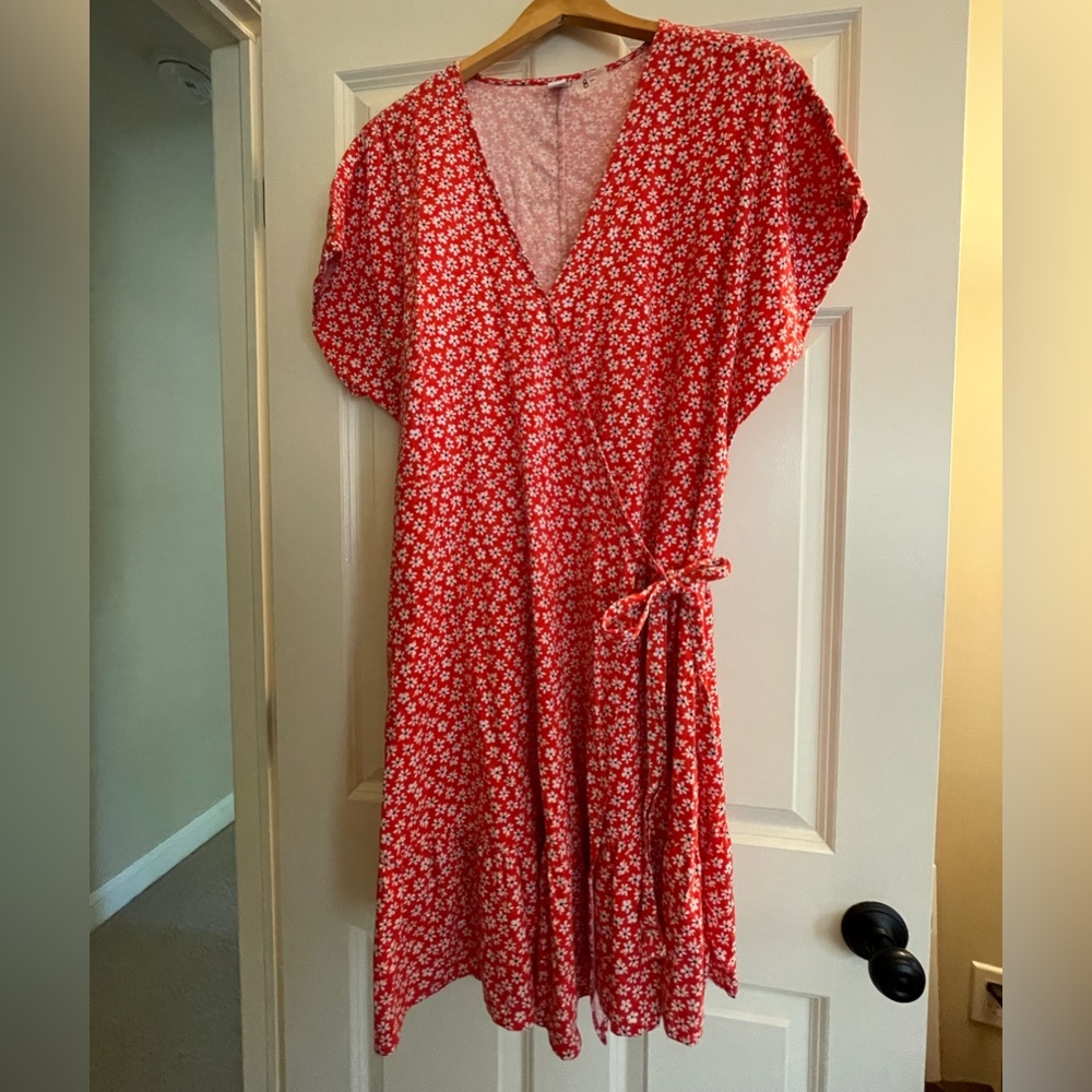 Red Floral Linen Wrap Dress